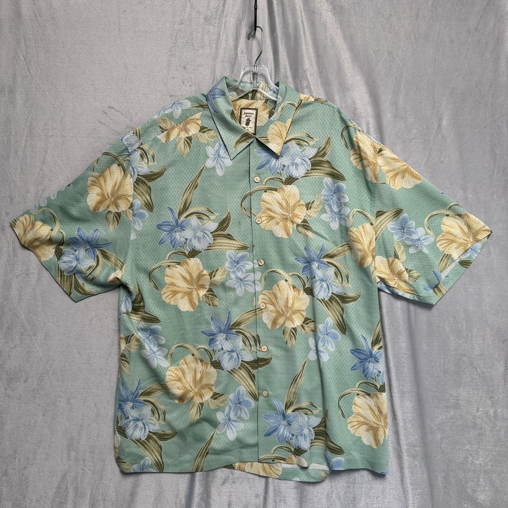 Jamaica Jaxx Shirt Mens 2XL Green Silk‎ Hawaiian Aloha Floral Camp Button Front